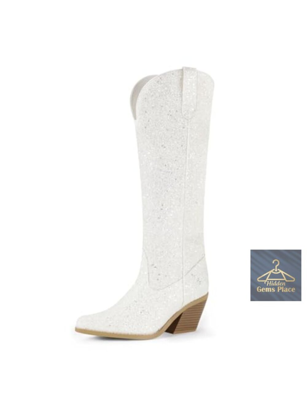 Women's Knee High Cowboy Boots Sparkly Glitter Sequin Chunky Heel Side Zipper